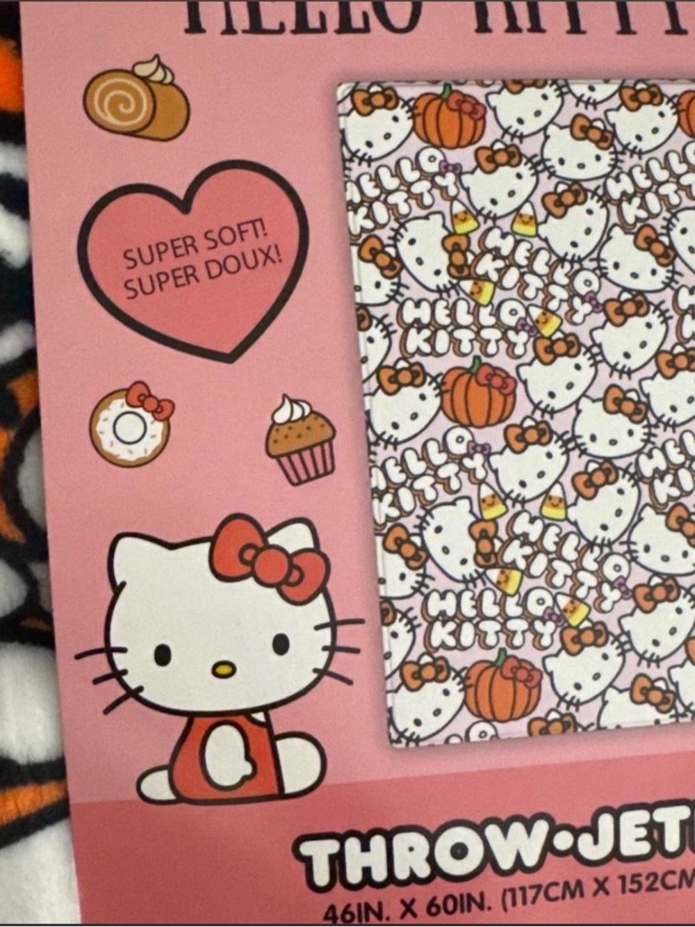 Soft Hello Kitty Pink and White Plush Throw Blanket with Pumpkin & Bow Pattern